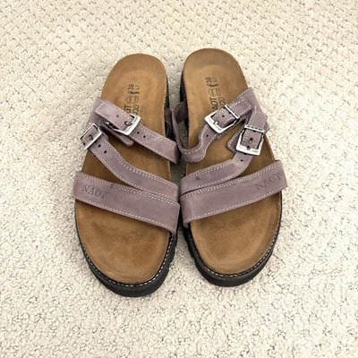 Sandalias NAOT de cuero púrpura con correa con hebilla para mujer talla 38 / EE. UU. 7 extensiones sin cordones Foto 1 de 4