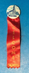 Vintage 'Welcome' Church/Sunday School Pinback w/ Steepled Church & Red Ribbon - Picture 1 of 5