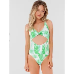 Sugar Coast One Piece Swimsuit Cut Out Tropical Palm Print Green White Sz L NWT - Picture 1 of 6