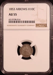 1853 "Arrows" Seated Liberty Half Dime - NGC AU55 - Pleasant Choice AU! PQ+ - Picture 1 of 8