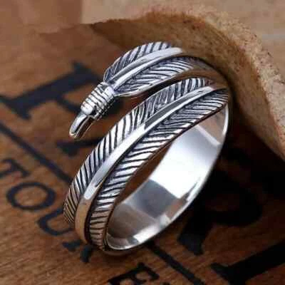 925 Sterling Silver Plated Leaf/Feather Ring Adjustable Finger Thumb Band UK+Bag - Image 1 of 3