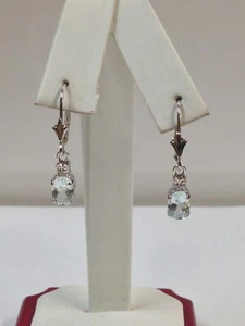 Natural Aquamarine with Natural Diamond Earrings Solid 14kt White Gold - Picture 1 of 4