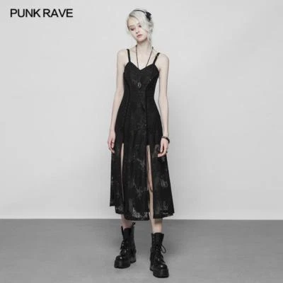 Punk Rave Gothic Dark Lace Strap Corn Rope Slit Princess Sexy Dress for Women - Image 1 of 4