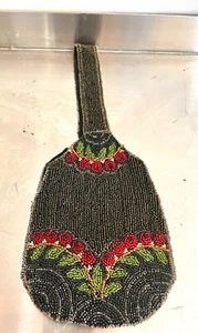 Gorgeous Edwardian Antique Beaded Purse, Reticule Red Floral n Black Great Cond - Picture 1 of 5