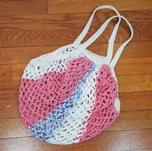 Pink Farmers Market Bag Crochet French Net Sack Cotton Grocery Beach Handmade - Picture 1 of 6