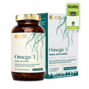 Omega 3 Algenöl hochdosiert 250mg DHA 125mg EPA Vegan 70 Kapseln Nature Basics - Bild 1 von 7