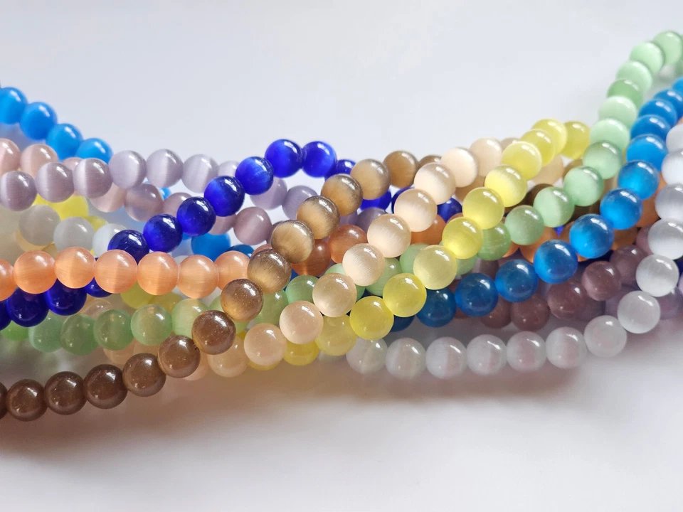 Katzenaugen Glas Perlen Kette Armband Rund Weiß Gelb Blau Rosa Braun Orange 8 mm - Bild 1 von 1