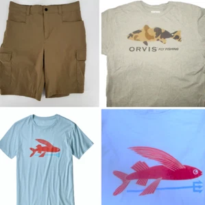 Orvis Cargo Shorts Tech 32x9 Khaki tan w Orvis & Patagonia fly Fishing t-shirt L - Picture 1 of 16