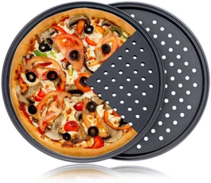 Pizza Pan with Holes, 2 Pack Carbon Steel Perforated Non-Stick Tray Tool Crispy - Picture 1 of 10
