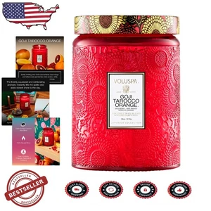 Schöne orangefarbene Goji Tarocco-Kerze mit Blumendruck - 18 Unzen Geschenk für alle Anlässe - Bild 1 von 9