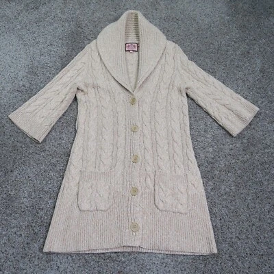 Juicy Couture Cardigan Women Large Beige Cable Knit Sweater Wool Cashmere Blend - Image 1 of 4
