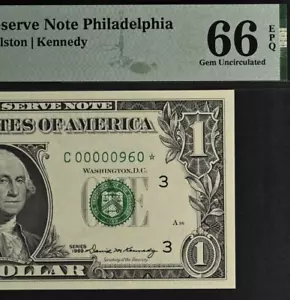 1969 $1 FRN Philadelphia Star PMG 66EPQ Gem birthday low serial number 00000960* - Picture 1 of 3
