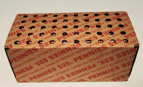 SEALED Bank Box 50 Rolls of Pennies $25 Face Value Cover