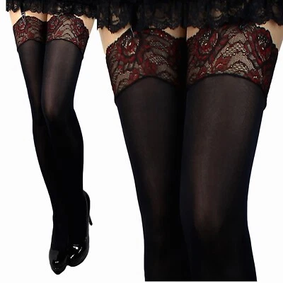 Strapsstrümpfe mit farbige Spitze dicke 60 den Strümpfe Strapse schwarz rot weiß - Bild 1 von 4