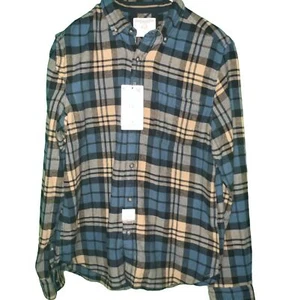 NWT! Denim & Flower NWT Flannel Shirt Large Tan Blue Plaid 44 New Button Down - Bild 1 von 5