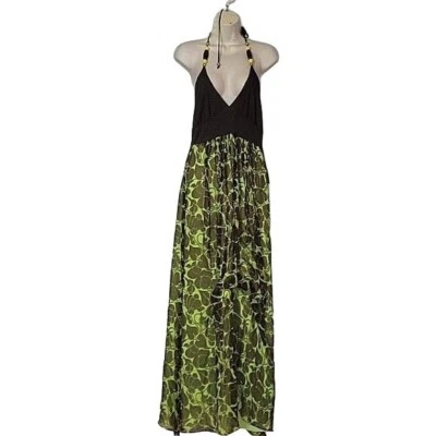 Maxi Vestido Halter MILLY Verde Estampado Floral Cuentas Escote Fluido Vestido de Verano M Foto 1 de 4