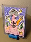 aceo original artcard acrylics Ink "Cat & Ufo" ROSWELL area51 (OOAK) 1/1 signed