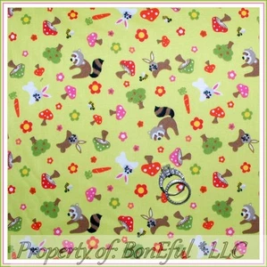 BonEful FABRIC FQ Cotton Quilt VTG Mushroom Bunny Rabbit Raccoon Bee Flower Tree - Picture 1 of 8