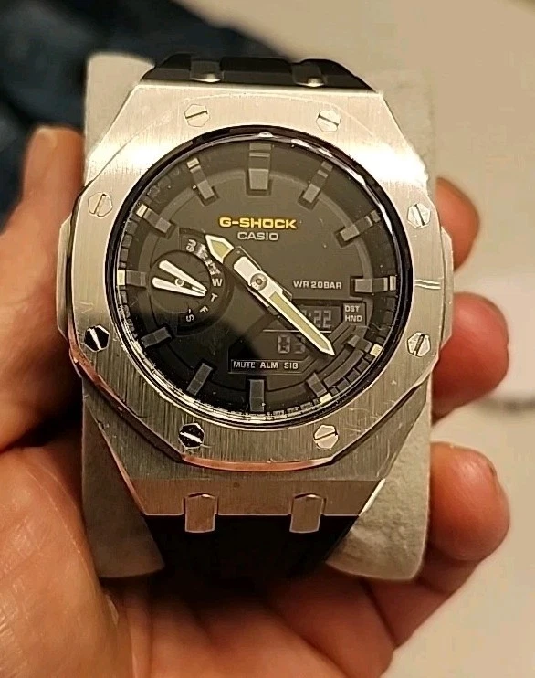 Casioak Mod Watch G-Shock GA-2100 Silver Case Black Strap With Extras  - Image 1 of 4