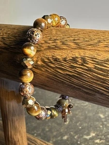 Tiger’s Eye & Crystal Beaded Stretch Bracelet - Copper - Lock Key Heart Charms - Picture 1 of 10