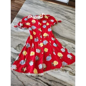 VTG Rose Cottage Floral Dress Button Front Short Sleeve Lace Trim Red Size 4 - Picture 1 of 11