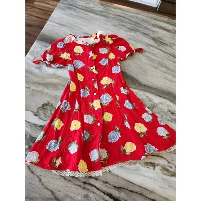 Vestido Floral De Colección Rose Cottage Botón Delantero Manga Corta Encaje Borde Rojo Talla 4 Foto 1 de 4