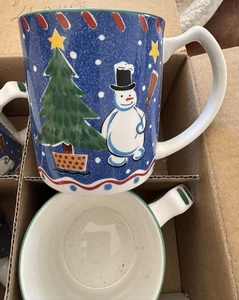 VTG Mikasa Fashion Christmas Glow Mugs Snowman Reindeer Sleigh Set of 4 NIB - Picture 1 of 8