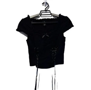 The Grave Girls It’s Over Lace Up Top Sz S Black Stretch Crop Satin Ribbon NWOT - Picture 1 of 2