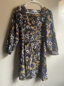 Kids sunflower corduroy snap button dress size 16 70s puff sleeve - Picture 1 of 8