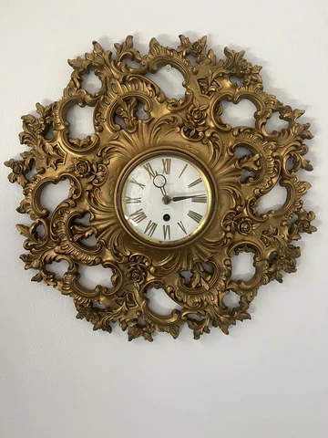 Vintage Mid Century Syroco 8-Day Wall Clock Gold Ornate 19" Works w/Key Gorgeous Cover