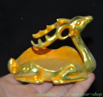 3.2" Antigua dinastía China bronce dorado riqueza animal ciervo pluma lavado cenicero estatua Foto 1 de 4