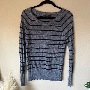 Mossimo Gray Black Striped Crewneck Lightweight Long Sleeve Knit Sweater Top - Picture 1 of 3