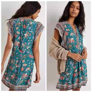 NWT Anthropologie Zenia Floral Flutter Short Sleeve V-Neck Mini Dress Teal Sz S - Picture 1 of 11