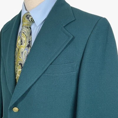 Cricketeer Blazer Men 40S Green Brass Crown Buttons Knit Texture Retro  70s USA - Image 1 of 4