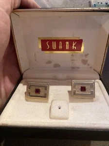 Red Rhinestone & Gold Tone Vintage SWANK Cufflinks - Picture 1 of 6