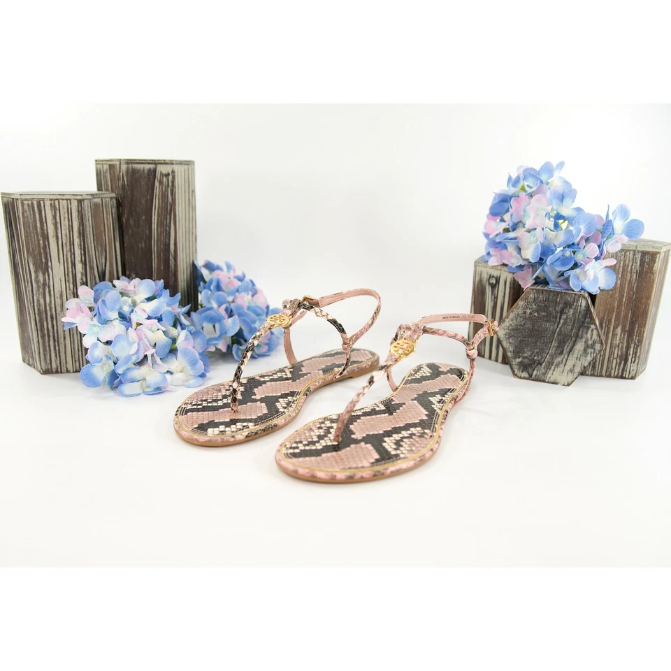 Sandalia mínima Tory Burch Emmy Misty Rose de cuero de serpiente con tiras talla 7,5 nueva en caja Foto 1 de 4