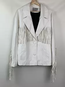 ASOS Jacket White Faux Leather Fringe Collared Buttons Pockets Lined Size US14 - Picture 1 of 10