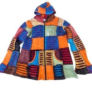 Happy Colors Womens XL Jacket Hoodie Multicolor Patchwork Boho Hippy Distressed - Picture 1 of 12