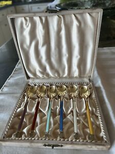 Antique Vtg Michelsen Boxed Set of 6 Enamel Sterling Demitasse Spoons Denmark