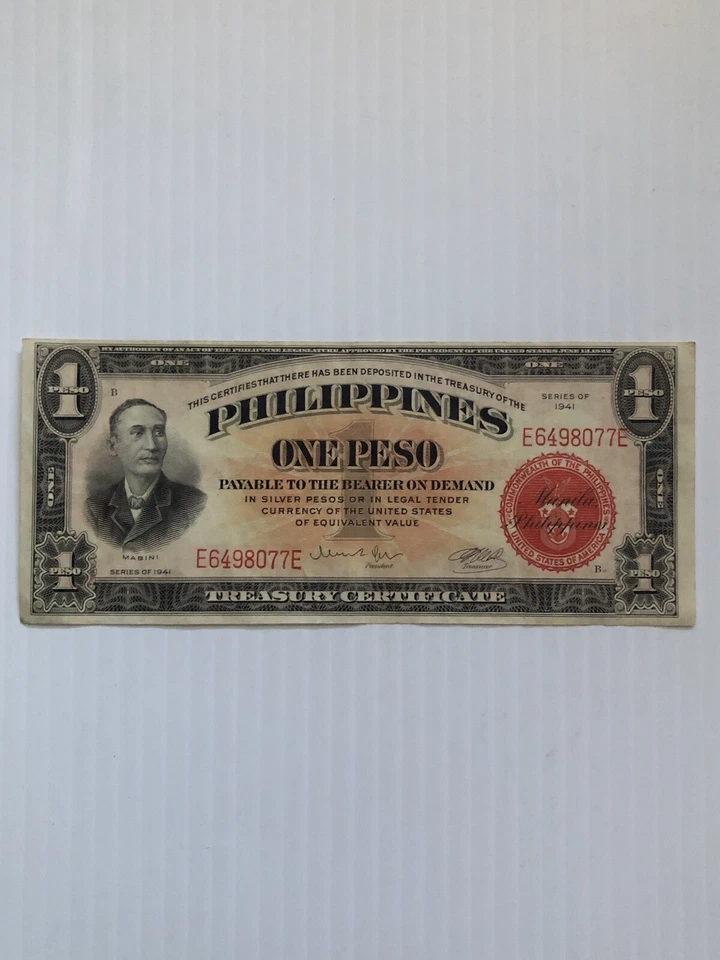 Philippines 1 Peso 1941 P-89c US Administration Naval Aviators Issue Rare - Image 1 of 2