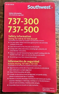Southwest Airlines 737-300 737-500 Safety Information Card 09/14 - Picture 1 of 1