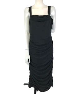 Dress Black Size XL 14 16 Bodycon Ruched Mesh Stretch Midi Straps Cocktail LBD - Picture 1 of 13