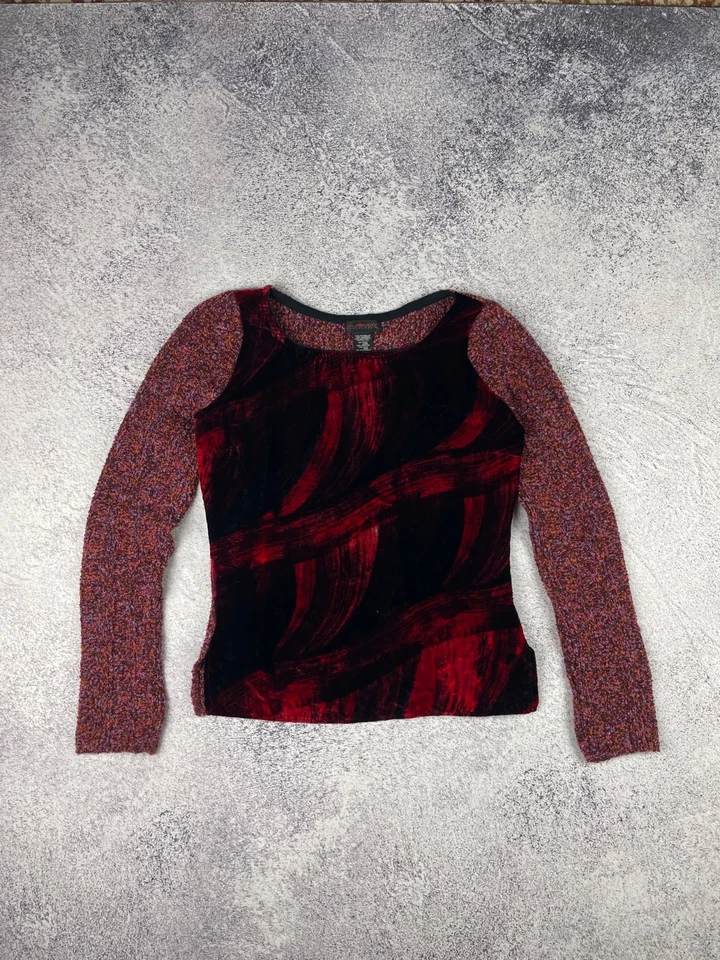 Top tejido terciopelo artístico Y2K Custo Barcelona para mujer rojo púrpura lana abstracta seda Foto 1 de 4