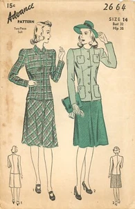 Advance 2664 Two-Piece Suit, Jacket & A-Line Skirt w Kick Pleat Sz 14 COMPLETE - Picture 1 of 5
