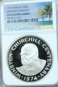 1974 TURKS & CAICOS SILVER 20 CROWNS WINSTON CHURCHILL NGC PF 67 ULTRA CAMEO  - Picture 1 of 3