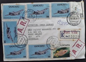 1992 Vanuatu Airmail Registd Cover ties 8 stamps cancelled Vila to Australia A.R - Picture 1 of 2