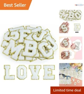 52Pcs Self-Adhesive Chenille Letter Patches A-Z in Elegant White with Gold Trim - Picture 1 of 8