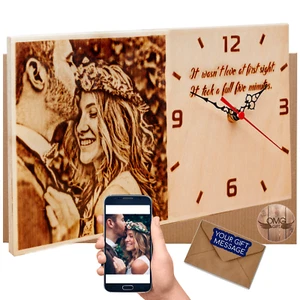 Personalized Wood Photo Clock - Wooden Anniversary Gifts - Pyrography - Picture 1 of 8