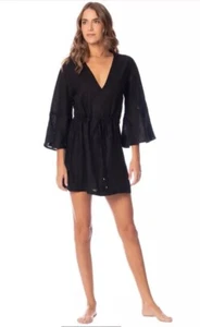 Maaji Jade Black Joy Kaftan Coverup Bell Sleeves Midi Dress Large - Picture 1 of 11