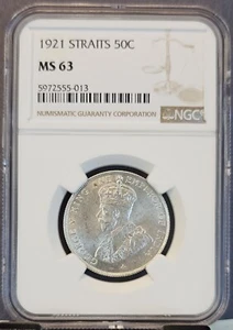 1921 STRAITS SETTLEMENTS SILVER 50 CENTS GEORGE V NGC MS 63 BEAUTIFUL BRIGHT - Picture 1 of 3